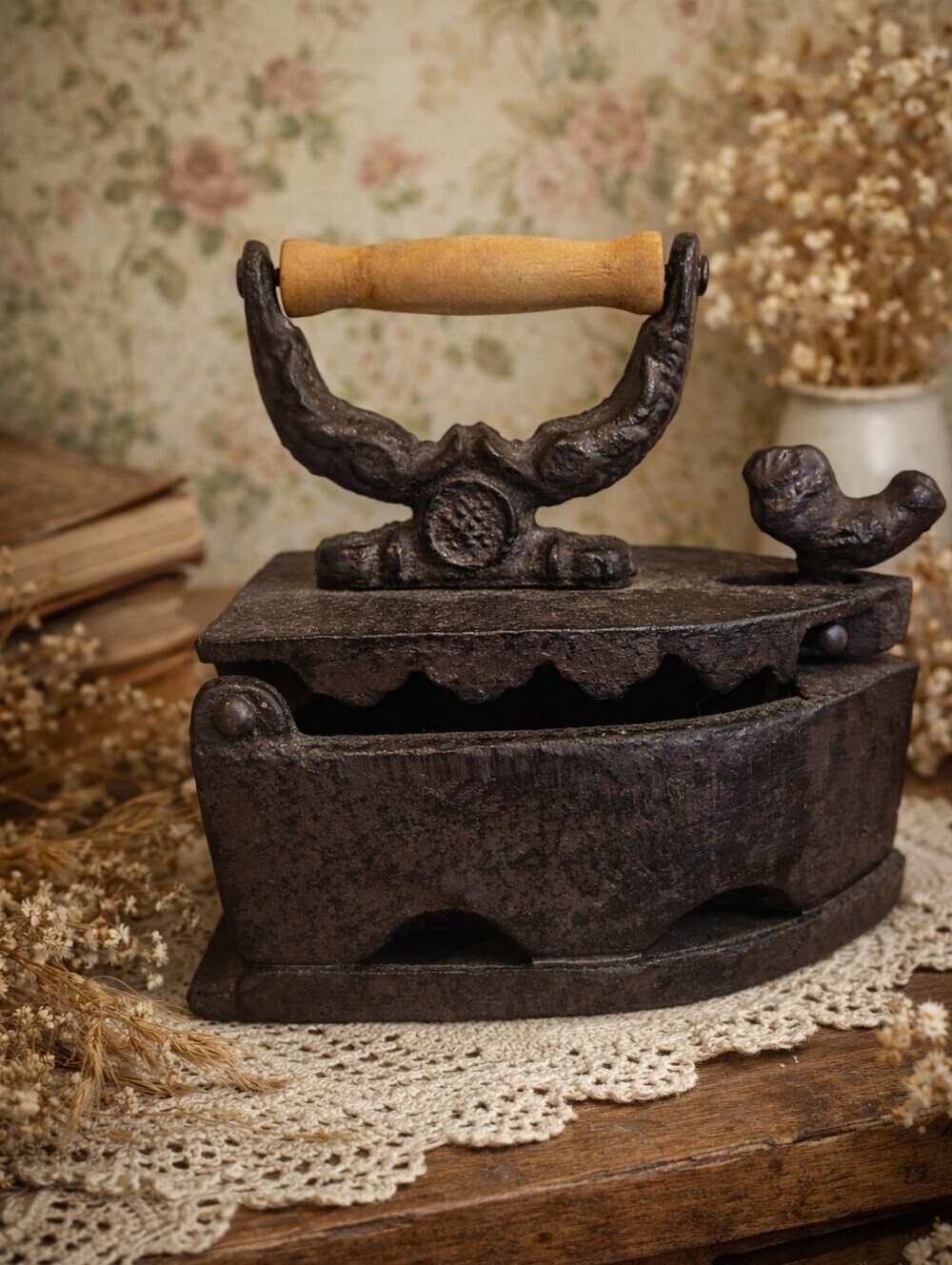 Vintage Cast Iron Coal Iron • Rooster Top • Rustic Decor